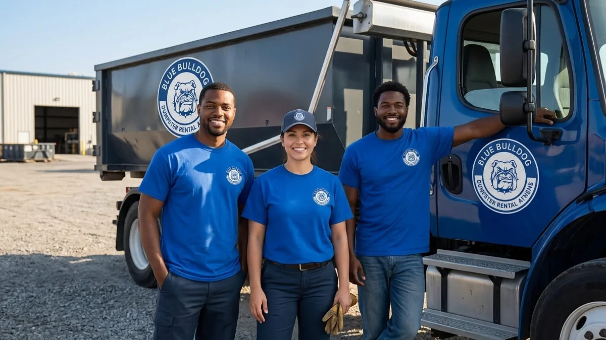 The Blue Bulldog Dumpster Rental team in Athens Blue Bulldog Dumpster Rental Athens crew at the Athens yard