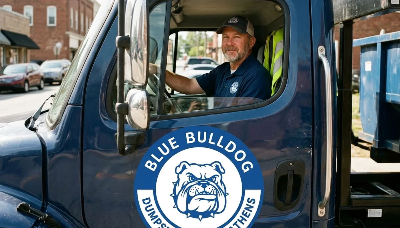 Dumpster rental in Athens, AL Blue Bulldog roll-off dumpster being delivered to a Athens, Alabama driveway
